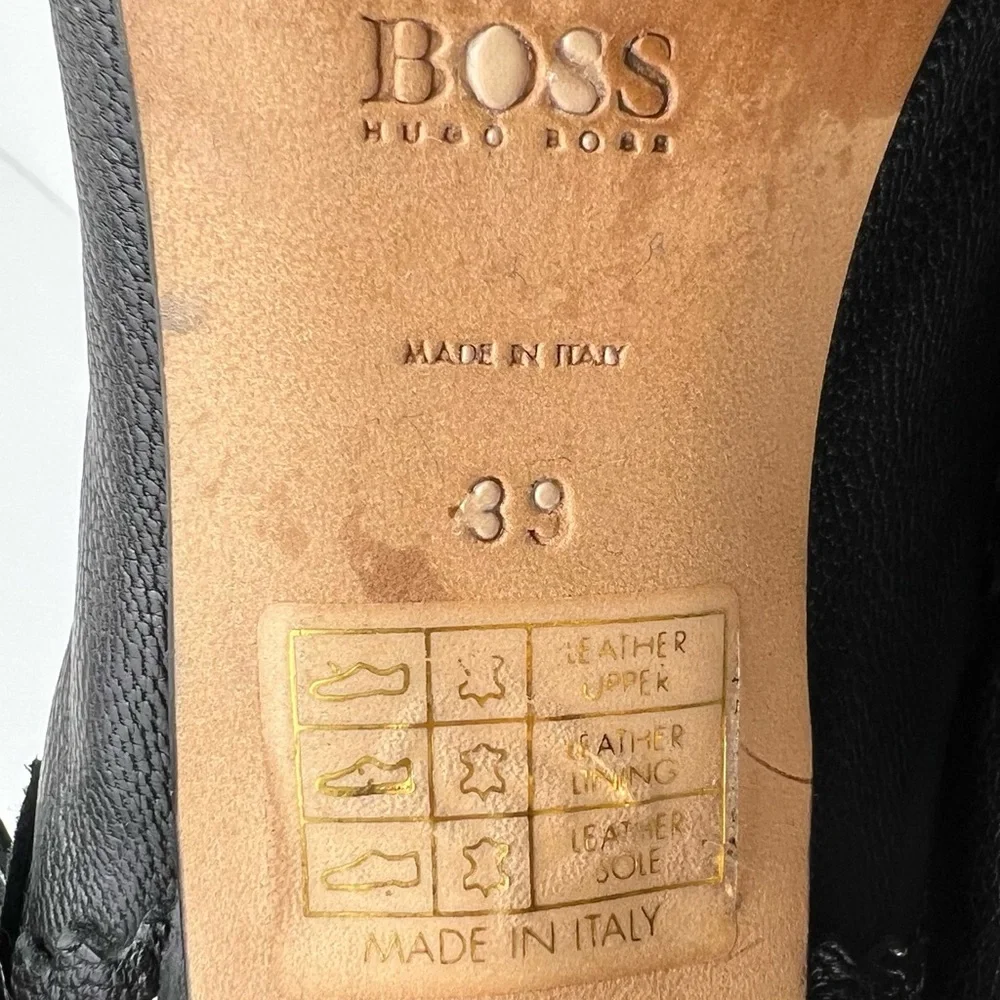 Hugo Boss Tassel Fringe Trim Leather Heels 39/8.0 Black Designer Quiet Luxury - Picture 15 of 17